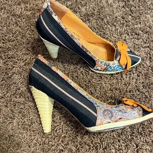 Naught Monkey denim with funky spiral heel. Size 9.5